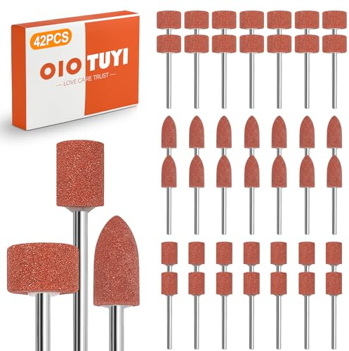 OioTuyi 42 Pcs Abrasive Mounted Stone Grinding Wheel Head, 1/8'' Shank, Compatible with Dremel and Other Rotary Tool Brands, Sanding Drill Bit & Drill Sanding Attachment