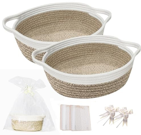 Storage Baskets, 2 Pack Gift Basket With Gift Bags And Ribbons, Woven Basket For Dog Toy Storage, Small Storage Bins For Bathroom Storage, Rope Storage Baskets For Shelves, Blanket Bin For Towel