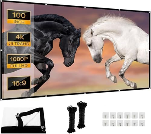 Leinwand Beamer 100 Zoll: Ruschen verdickt und tragbare Beamer Leinwand 220 x 124 cm, 16:9 HD faltbar & knitterarme Projektionsleinwand für Heimkino, Garten, Camping, Büro, inkl. Haken & Seile