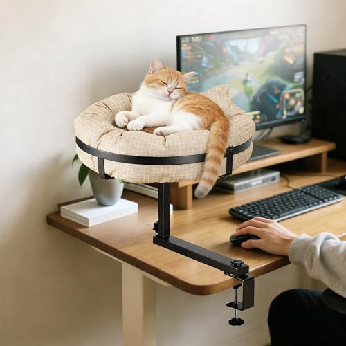 Iptienda Kattsäng för skrivbord, kattsäng 360° rotation, kattkudde, kattkorg, justerbar höjd, hängmatta, katt, håller kattungar, katt nära och arbetsområde, klart bord, katter, fönstersäng