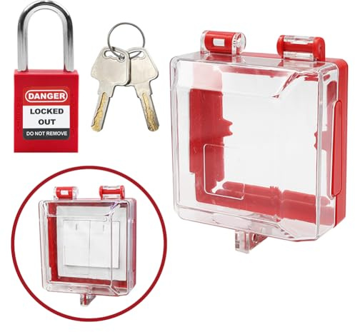 HiLKCO Emergency Stop Push Button Cover Lockout with Padlocks,Switch Cover Box Lock Out Transparent High-Strength Resin,Red Impact-Resistant with Removable Base & 2 Lock Holes