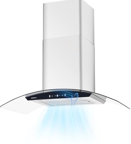 36 Inch Wall Mount Range Hood 700 CFM Ducted Vent Hood, Tempered Glass & Stainless Steel Filters - Gesture Sensing & Touch Control, 3-Speed, 2 LED Lights (Black Panel)