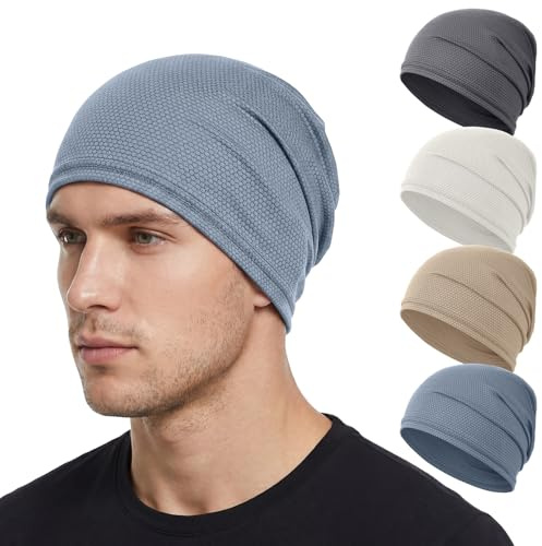 JenPen 4 Pcs Cooling Skull Cap for Men Women, Breathable Quick Dry Helmet Liner Sweat Wicking Biker Cap for Running Cycling Sports (Beige,Gray,Blue-Gray,Khaki)