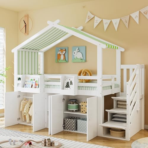 RIAZOS Kinderbett 90x200 cm, Etagenbett mit Stauraumtreppe, Hochbett mit Kleiderschrank und Schließfächer, Hausbett mit Dach, Bettsgell mit Fallschutzgitter, Weiß+Grün, ohne Matratze