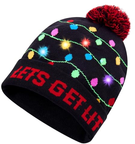 Freshhoodies Weihnachtsmützen Erwachsene LED Hut Wintermütze Damen Strickmützen Herren Weihnachtskappe Paare Lichtschnur Schwarz