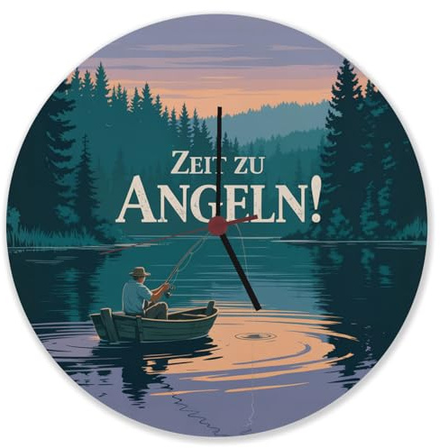speecheese Angler am See - Zeit zu Angeln! Wanduhr aus Alu Lustige Uhr für Angler und Naturfans, ideal für Büro und Wohnzimmer