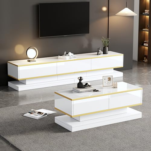 OKMYHOME Ensemble Meuble TV et Table Basse Moderne avec Meuble TV 3 Tiroirs et Table Basse Assortie 2 Tiroirs, Finition Dorée, Panneaux de Particules, Blanc, 200x40x40 cm + 100x50x38 cm