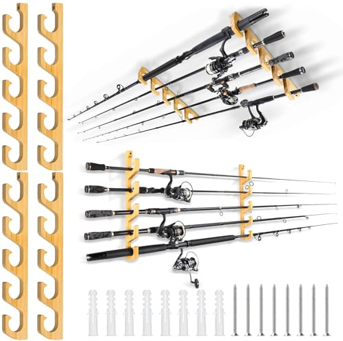 Guiwuiyu Fishing Rod Holders Holds Up to 10 Rods, Fishing Pole Holders for Garage, Wall or Ceiling Mounted Fishing Rod Rack, Wooden Fishing Rod Stand With Screws, Fishing Gear for Men