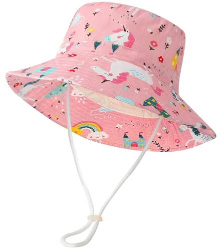 ViEinkaufen Kids Adjustable Bucket Sun Hat 1-5 Years Pink Unicorn | Wide Brim Sun Protection, Foldable, Adjustable Chin Strap, Beach Outdoor Travel Picnic, Gift for Little Girls