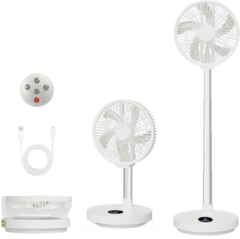 Greheywos 10 inch Foldable Rechargeable Oscillating Fan, 7200mAh Battery Operated Standing Fan with Remote, 6 Speeds and timing function, Ultra-quiet Pedestal Fans for Bedroom Office Camping Travel