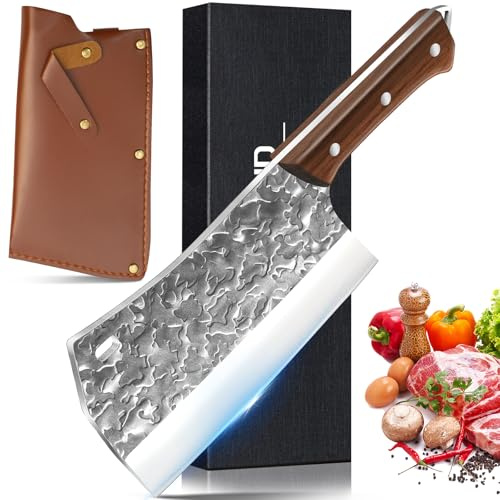 Professionelles Hackbeil/Fleischerbeil mit Lederscheide, Handgeschliffene 90°-Schneide, Rostfreier Edelstahl, Ergonomischer Holzgriff, Für Metzgerei, Küche, Grillen & Camping, Inkl. Geschenkverpacku