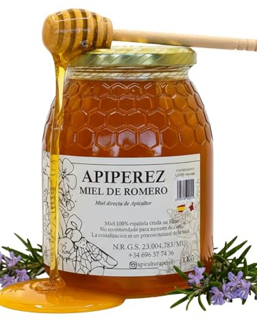 APIPEREZ Miel Cruda de Romero Monofloral 1 kg, Natural, Miel Clara Suave | miel natural española pura, origen seleccionado, calidad artesanal, sabor auténtico, receta tradicional