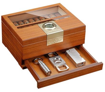 Humidor de cigare de grande capacité avec une fenêtre de visualisation, boîte de rangement multifonctionnelle de cigare un hygromètre, un humidificateur, des diviseurs-Dark Brown