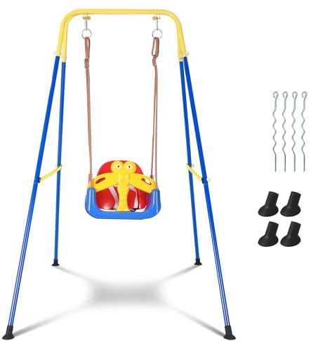 Babyschaukel Indoor Outdoor Babyschaukel 4 in 1 verstellbar mit Gestell, Kinderschaukel Outdoor mit Rückenlehne Anschnallgurt,geeignet für Kinder von 6 Monaten bis 10 Jahren