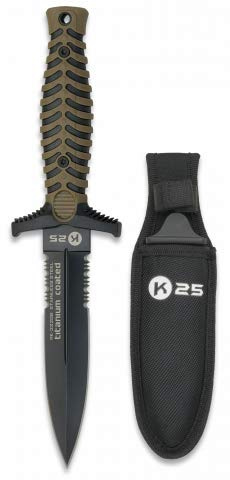 Cuchillo K25 Tit Coated con funda Hoja 12,5 cm para Caza, Pesca, Camping, Outdoor, Supervivencia y Bushcraft K25 32206 + Portabotellas de regalo