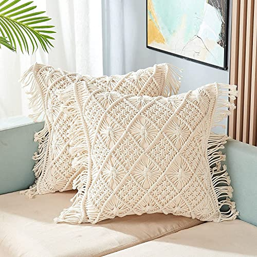 ACN Kohinoor | Makramé kuddfodral 40 x 40 cm handgjord mjuk boho bomull kuddfodral för soffa set säng vardagsrum sovrum i premium kanvas tyg med dragkedja på baksidan, benvit, 1 del