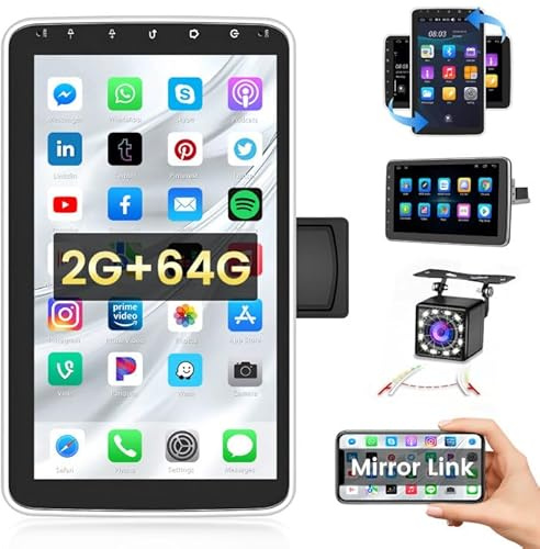 Hikity 1 DIN 2+64GB, Android 15 Autoradio, 10'' Pantalla Táctil & Giratoria de 180º Bluetooth Mirror Link con GPS/WiFi/SWC/USB/FM/RDS/AUX Cámara de Visión Trasera