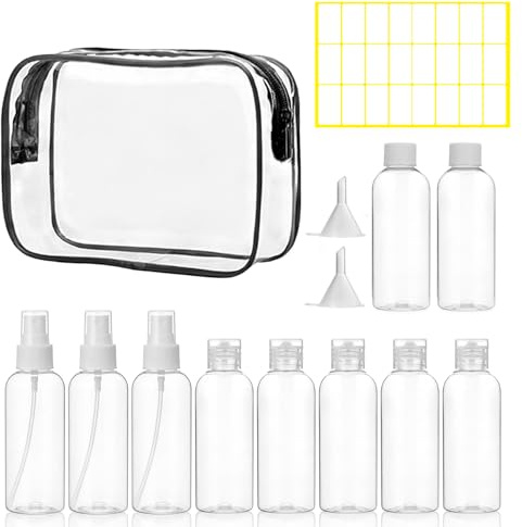 Roosea Kulturbeutel Transparent 10 Stück Reiseflaschen zum Befüllen Reiseflaschen Set(100ml) mit 2 kleinen Trichtern, 1 Etikettenaufkleber, Reisezubehör für Shampoo, Lotion, Handgepäck Flüssigkeiten