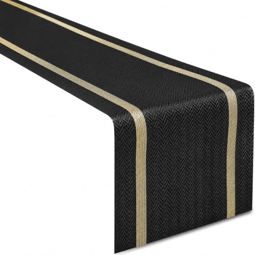 FAVE Woven Vinyl Table Runner Black Table Runner Woven with Golden Threads 72x12 Inches Wipeable Waterproof Dining Table Mats for Wedding, Banquet,Party, Restaurant (Black-72x12)