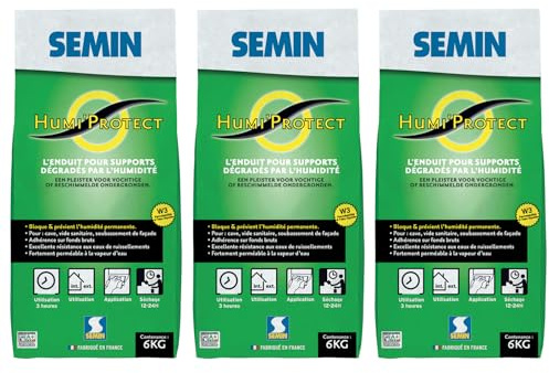 Semin Humi’Protect - Enduit Ciment Anti-Humidité - Traitement Maçonneries Humides - Intérieur & Extérieur - Cave, Sous-Bassement & Façade - Lot de 3 Sacs de 6 kg