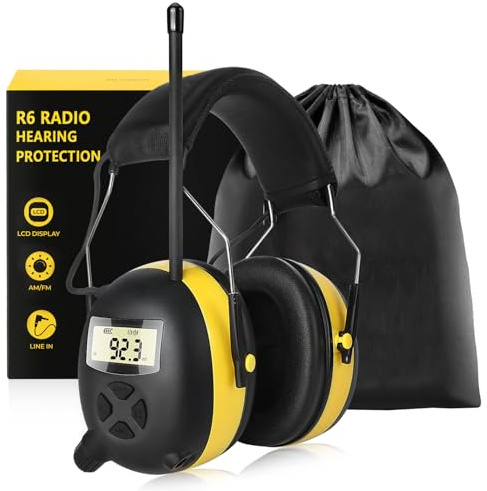 BJKing AM/FM Radio Headphones with Digital Display, 30dB AM FM Hearing Protection Safety Ear Muff, Ear Protection Headphone for Mowing, Landscaping, Shooting and Construction Black-Yellow