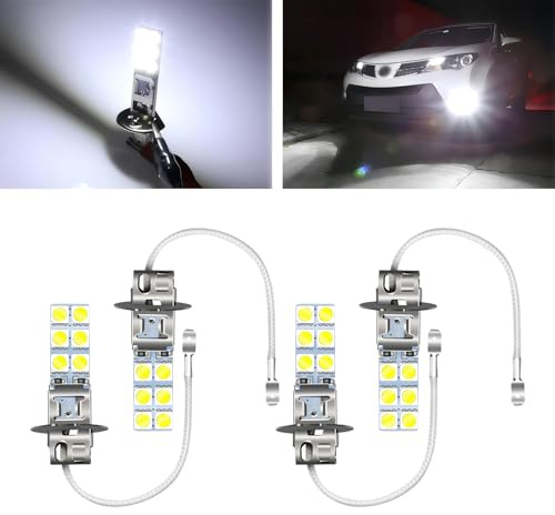 Neferta 4 PCS Car H3 LED Fog Lights, 12V 5050-12SMD 6000K Super Bright Anti-fog Strong Penetration Bulb, Plug and Play Waterproof Energy-saving Light Bulb Replacement, Universal for Most Cars (White)