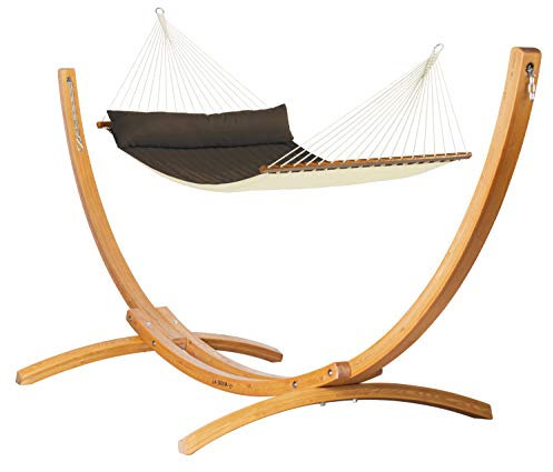 LA SIESTA® Alabama Gesteppte Hängematte mit Stab & Holzgestell - Wetterfeste Hängematte mit Gestell, Hängematte Outdoor Indoor - Hängemattengestell für 2-Personen -Kingsize Hängematten, Arabica