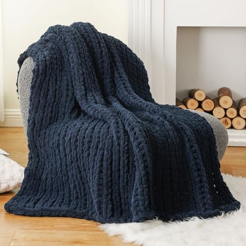 Battilo Navy Chunky Knit Throw Blanket, Soft and Thick Navy Blue Chenille Throw Blanket, 50x60 Handmade Cable Knit Crochet Blanket, Rope Knot Knitted Throw Blankets for Couch Home Decor, Navy
