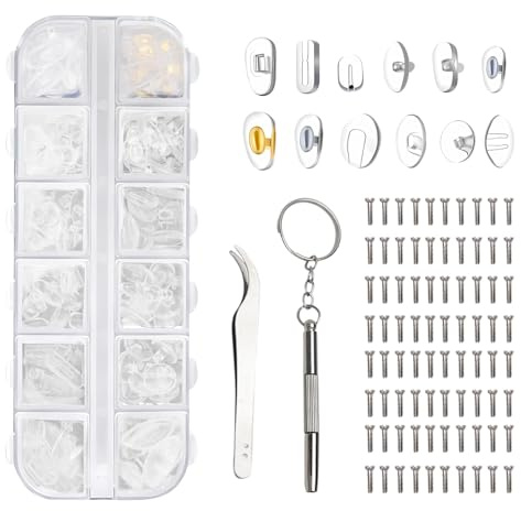 VOSSOT Brillen Nasenpads Silikon Set, mit Schrauben, Schraubendreher und Pinzette, 12 Stile 60 Paar Weiche und Rutschfeste Nasenpads zum Schrauben für Brillen Zubehör Lesebrille Sonnenbrille