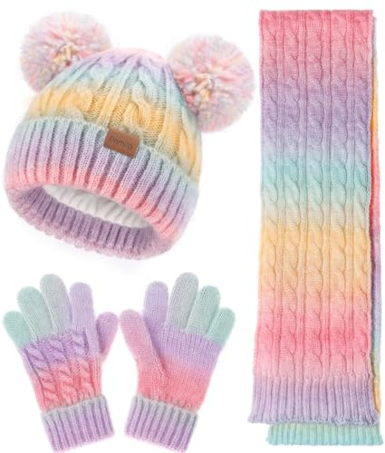 Kids Winter Hat Scarf Gloves Set, Toddler Girls Boys 8% Wool Warm Fleece Lined Hat Pom Pom Beanie Knit Neck Scarf Thick Soft Mittens Gloves for Cold Weather 3 In 1 Birthday Christmas Gift for Children