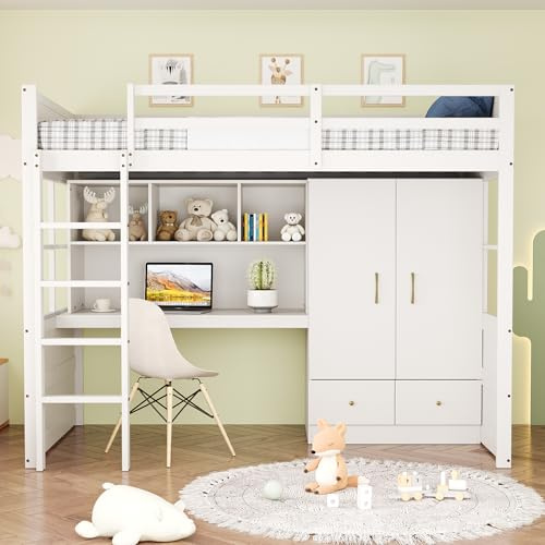 Moimhear Hochbett 90x200 cm mit Schreibtisch & Kleiderschrank - Platzsparendes Kinder- und Jugendbett in Weiß mit Leiter, Stauraum und 2 Schubladen, Ohne Matratze (Weiß)