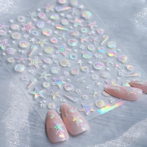3D Aurora Nagelsticker, Meerestiere Nail Sticker, Sommer Nagelaufkleber, Stereoskopisch Ozean Thema Dekoration Nagelsticke, Muscheln Seestern Nagelsticker für DIY Nail Art, Nägel Zubehör