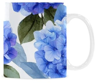 qenuh Blue Hydrangea Floral Decor Ceramic Mugs Coffee Cup Smooth Glaze Finish 11 oz Classic Tea Cup for Hot Drinks, Office/Home Use