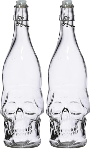 Bottiglia di Vetro da 1 Litro a Forma di Teschio - Chiusura con Guarnizione Ermetica, Caraffa Acqua, Vino, Liquori (Confezione da 2)