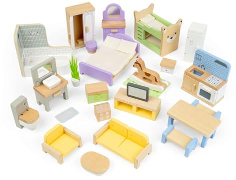 Bigjigs Toys Dolls House Furniture Set | Kids Wooden Doll House Accessories | 31 Pcs Pack of Dollhouse Figures | Toy Living Room, Bathroom, Kitchen & 2 Bedroom Sets | Playset for 3+ Year Old Children