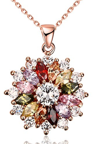 YAZILIND Rose Gold Plated Necklace Shining Fashion Colour Flower Shape Cubic Zirconia Pendant Necklaces Jewellery for Women Girls