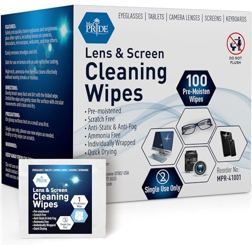 MED PRIDE Lens and Screen Cleaning Wipes for Eyeglasses, Touch Screens, Cameras, Anti-Fog, Scratch-, Anti-Static (100 100 Count (Pack of 1))