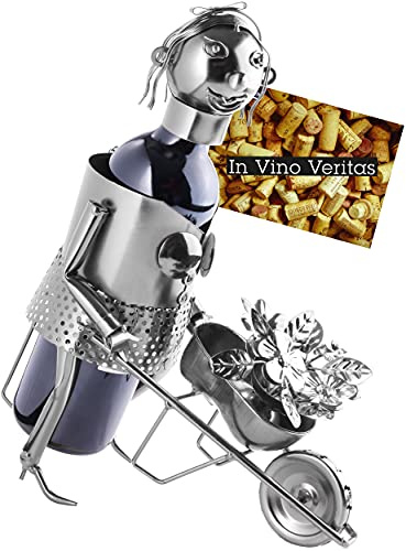 BRUBAKER Wine Bottle Holder Gardener - Metal Sculpture Bottle Stand - Garden Gift for Wine Lovers with Greeting Card