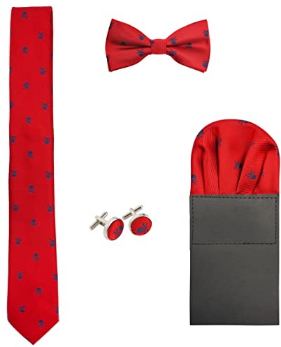 WANYING Corbata de 6 cm & Pajarita &Pañuelo de bolsillo & Gemelos 4 en 1 Set para Hombre Yuppie Trend Fashion Casual Cool - Rojo