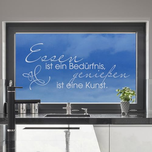 Fenstertattoo Spruch Essen ist ein Bedürfnis, Fensteraufkleber für die Küche, Glastattoo Küchen-Fenster / 92x40cm