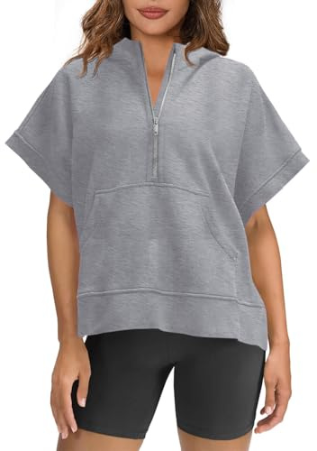 Felpe con Cappuccio Oversize a Mezza Zip da Donna a Maniche Corte Felpe Casual Pullover con Tasche Donna Abbigliamento (Grey, XXL)