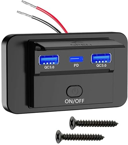 Auto USB C hembra 12 V 36 W, conector de carga de 36 W, cargador de coche Dual QC3.0 USB y PD3.0 tipo C con interruptor