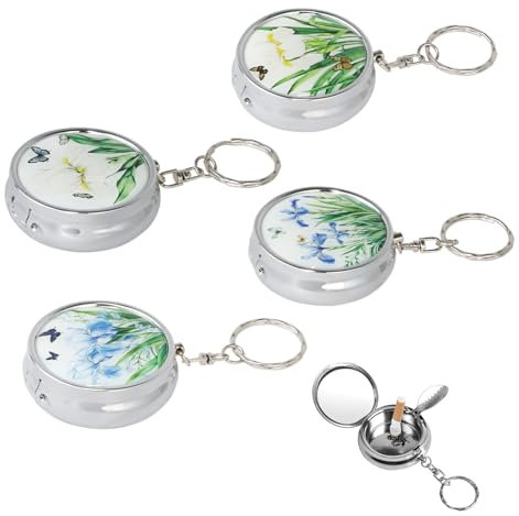 HMIEPRS 4Pcs Portable Pocket Ashtray, Stainless Steel Cigarette Ashtray with Key Chain and Cigarette Snuffer, Mini Circular Modern Ash Holder for Travelling Car and Outdoor Use (4 Styles)