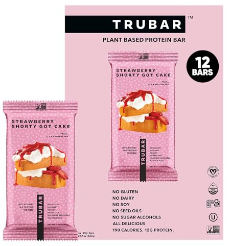 TRUBAR Vegan Protein Bar, Strawberry Shorty Got Cake, Gluten Free, Plant Based Protein, Dairy Free, Non GMO, Soy Free, No Sugar Alcohols, 12G Protein, 12G Fiber, 23G Carb, On the Go Snack Bars, 12 CT
