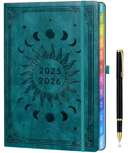 Kalender 2025 2026, A5(21,5 x 15.5cm) Wochenplaner & Terminplaner mit Monatsübersicht, Aug 2025 - Jul 2026, Schulplaner 25/26, Farbig Gedruckte Innenseiten, mit Innentasche & Stift - Seegrün