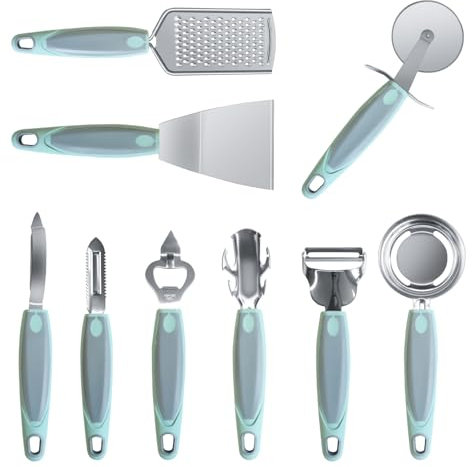 Stainless Steel Kitchen Gadget Set, HIFIND 9 PCS Cooking Gadgets Tools Set with Soft Touch Handles, Pizza Cutter, Peeler, Cheese Grater, Bottle Opener, Egg Separator, Grill Spatula, Holding Clamp