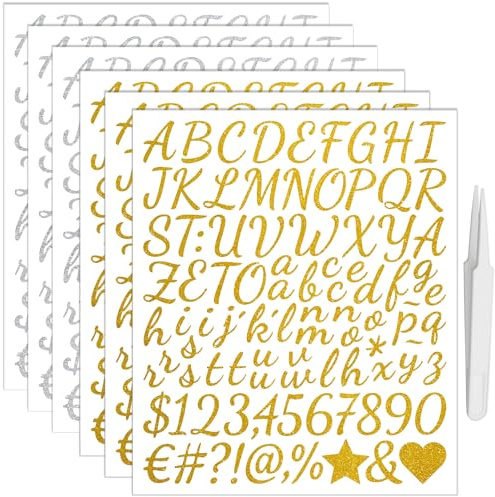 6 Sheets Self-Adhesive Alphabet Numbers Stickers 1 inch, 576Pcs Vinyl Letters Numbers for Scrapbook, Water Bottles, Small Waterproof Decals (Gold & Silver