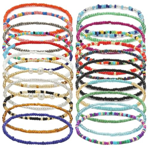 SYEYCW 24 Piezas Pulseras Tobilleras Boho, Pulseras con Cuentas Elásticas Hechas a Mano, Colorido Tobilleras con Cuentas de Verano Boho, Joyería de Pies para Mujeres, Vacaciones en La Playa