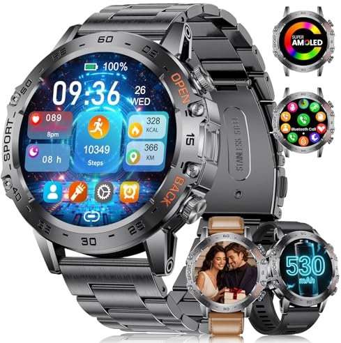 BENYAR SMART Montre intelligente militaire pour homme, appels Bluetooth - 3 bracelets, écran Amoled de 3,7 cm/batterie de 530 mAh, plus de 100 modes sportifs, montre de fitness, étanche IP68, montre