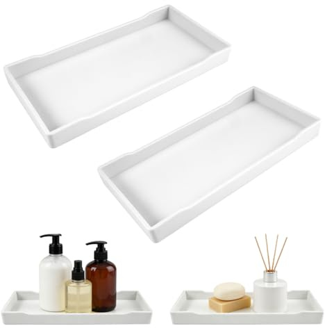 TESSTSY 2 Stück barmatte schmal Tablett 20.5 X 10.5 X 2 cm Dekotablett, Badezimmertablett, Strapazierfähig Bathroom Tray für Waschtisch Badewanne Küchenspüle und Toilette, Weißer